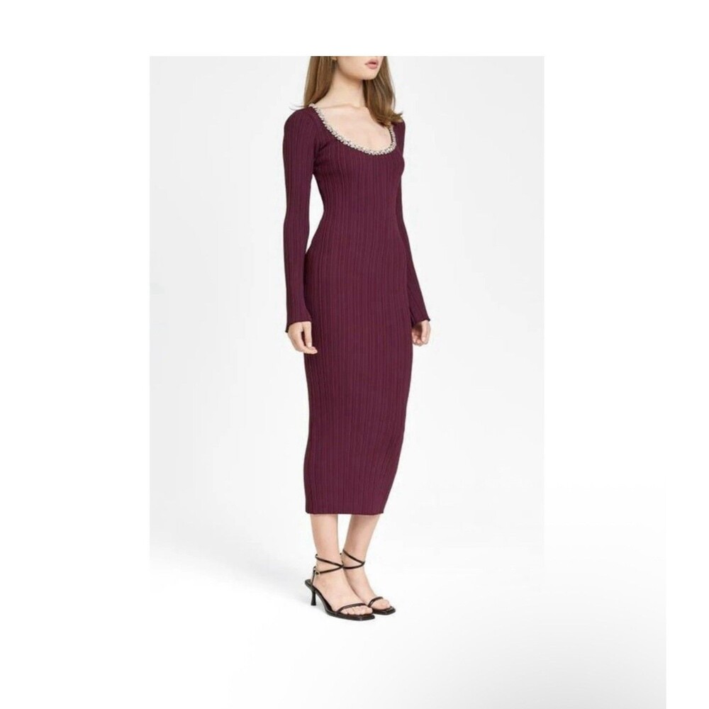 Wayf Cinthia Jewel Neck Long Sleeve Rib Midi Dress Aubergine Size Small